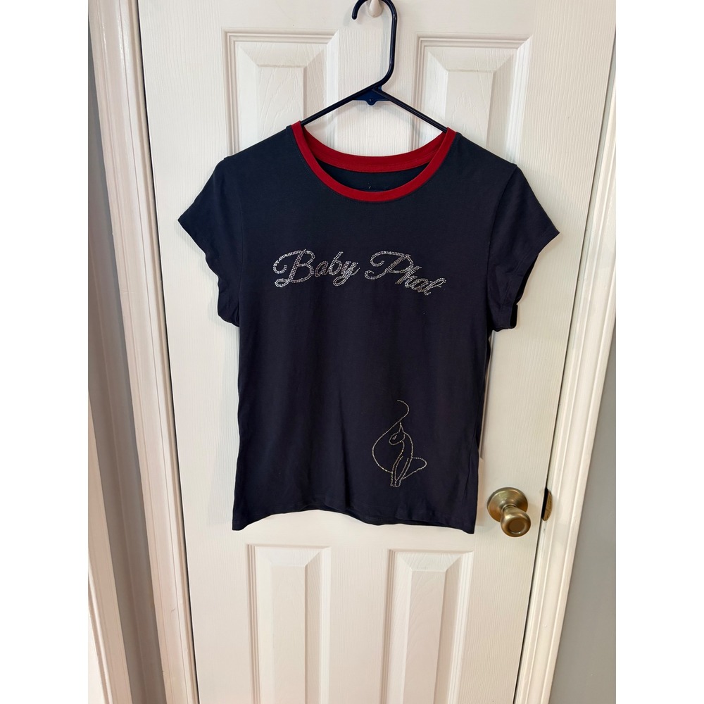 Baby Phat T-Shirt Girls XL Navy Blue Rhinestone Logo Y2K Ringer Short Sleeve Tee